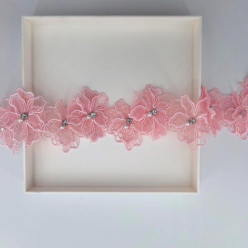 Buysk 2 Yards 3D Pearl Beads Flower Lace Trim Ribbon Floral Applique Embroidered Lace Fabric for Sewing DIY Crafts (Pink) - Image 3